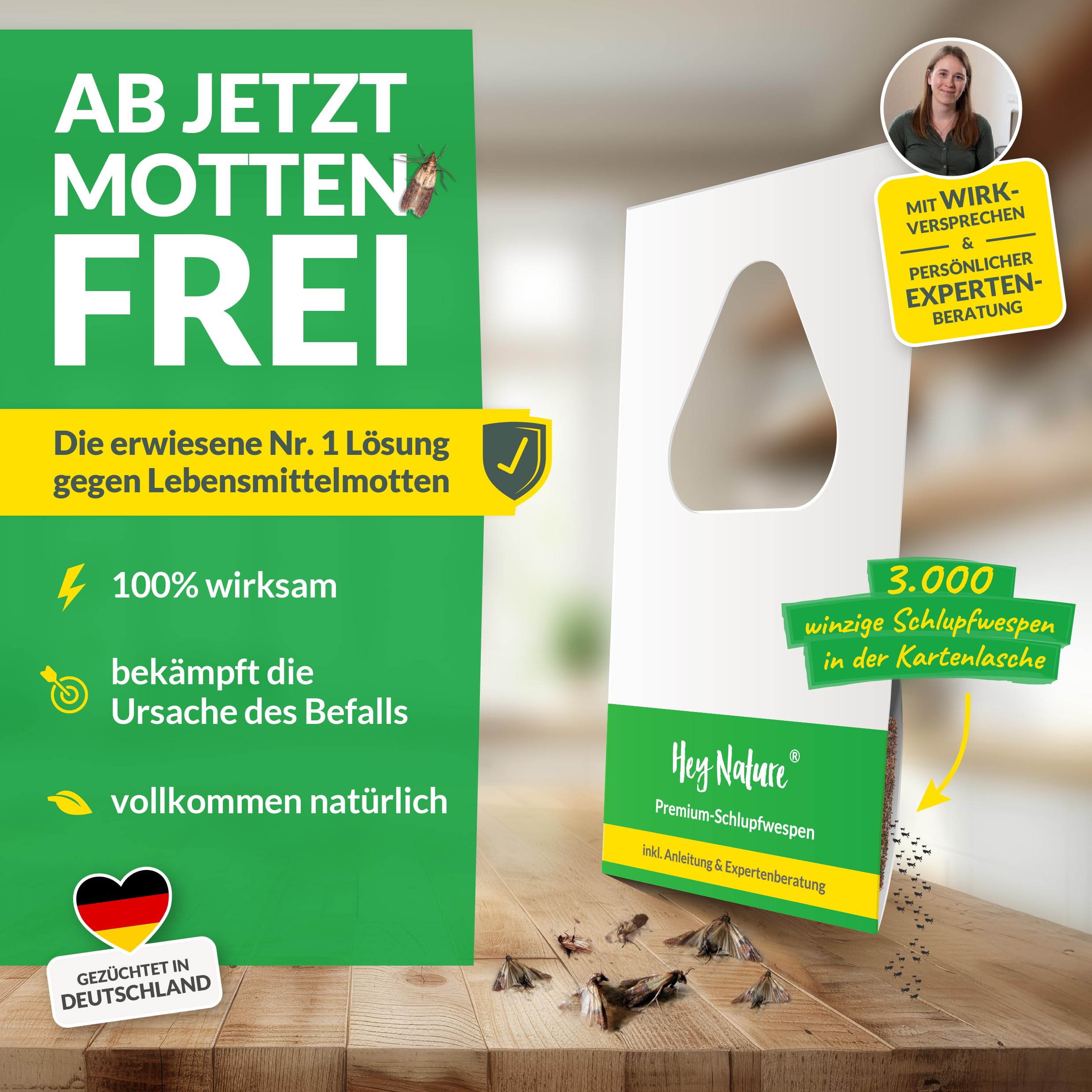 Hey Nature® Schlupfwespen gegen Lebensmittelmotten, 12 Karten (4 Karten à 3 Lieferungen). Effektiv Lebensmittelmotten bekämpfen mit Schlupfwespen gegen Motten. Alternativ zu Mottenkugeln & Mottenspray 2