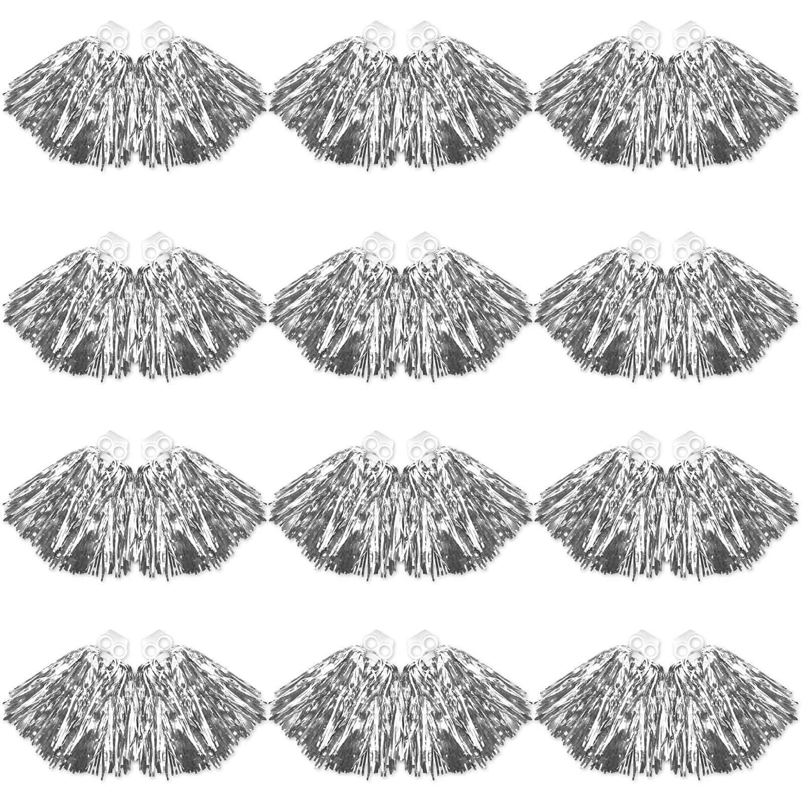 JOENCOST 24Pcs Bright Metallic Cheerleading Pom Poms, Foil Flower Ribbons Cheerleader Pom Poms with Finger-Friendly Ring for Adults Kids Girls Team Spirit Sports Dance Cheering(Silver)…