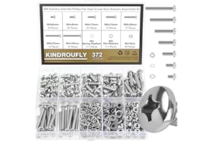 Kindroufly 372 Pieces M4 x 6/8 /12/16 /20/25 /30mm Phillips Pan Head Machine Screws Nuts Washers Assortment Kit, 304 Stainless Steel, Fully Machine Thread
