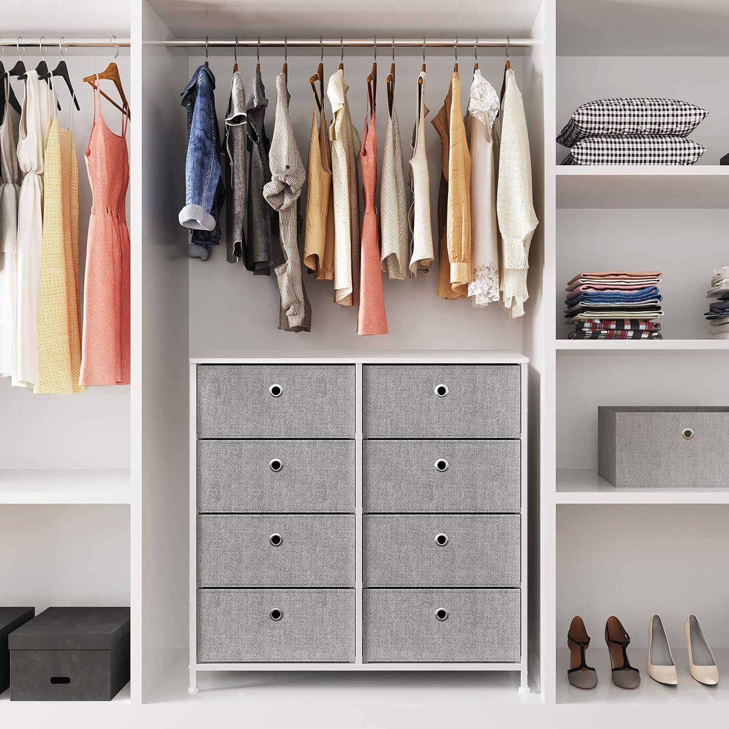 SONGMICS 4-Tier Storage Dresser with 8 Easy Pull Fabric Drawers and Wooden Tabletop for Closets, Nursery, Dorm Room, Light Gray and White ULTS24W -
