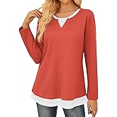 GRACE KARIN Women 2025 Fall Long Sleeve Shirts,Casual Crew Neck Colorblock Tunics,Waffle Knit Fashion Basic Tops