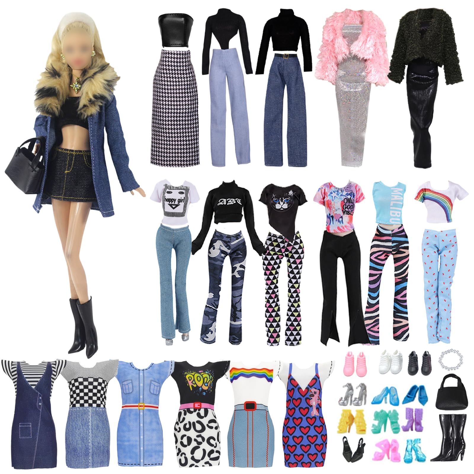 18 Pieces Barbie Compatible Doll Clothes Set, Including Elegant Denim Fur Collar, Plush Coat Set, Sports Set, 5 Shoes and 2 Doll Accessories