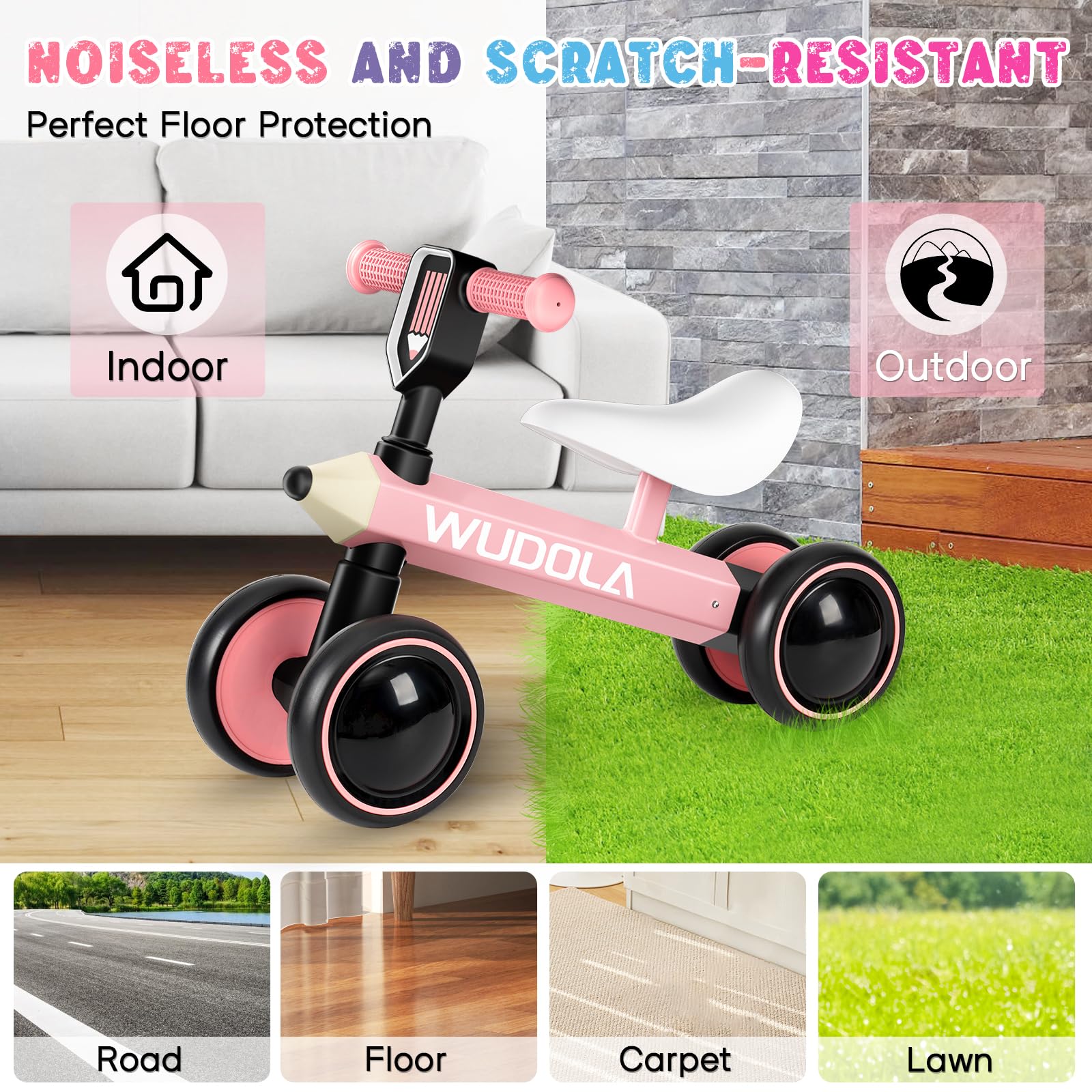 Baby Balance Bike for 1 Year Old, Birthday Gifts for Boys and Girls - No Pedal 4 Silence Wheels & Soft Seat Toddler Bike for 10-36 Months, Pink