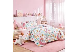 UOZZI BEDDING Unicorn Duvet Cover Set Full 3 Piece (1 Pink White Girls Duvet Cover + 2 Pillow Shams) with Cute Magical Unicorns Rainbow - 800 TC Bedding Set with Zipper Closure, 4 Corner Ties for Little Princess