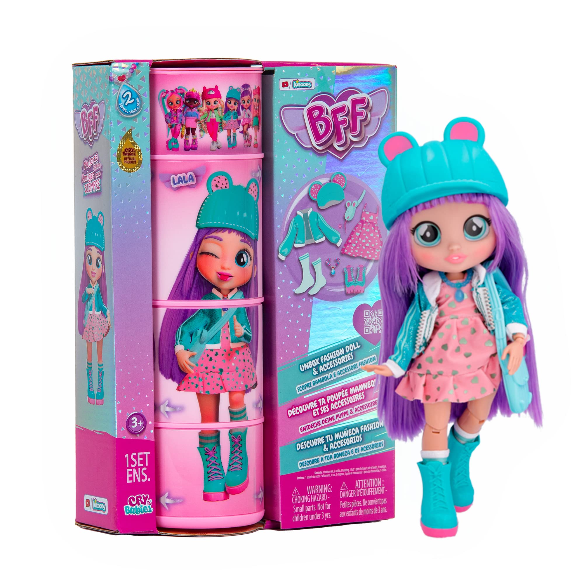 BFF Cry Babies S2 Lala Collectible fashion Doll with long Hair, fabric Clothes & 9 Accessories - Toy Gift for Girls and Boys +5 Years