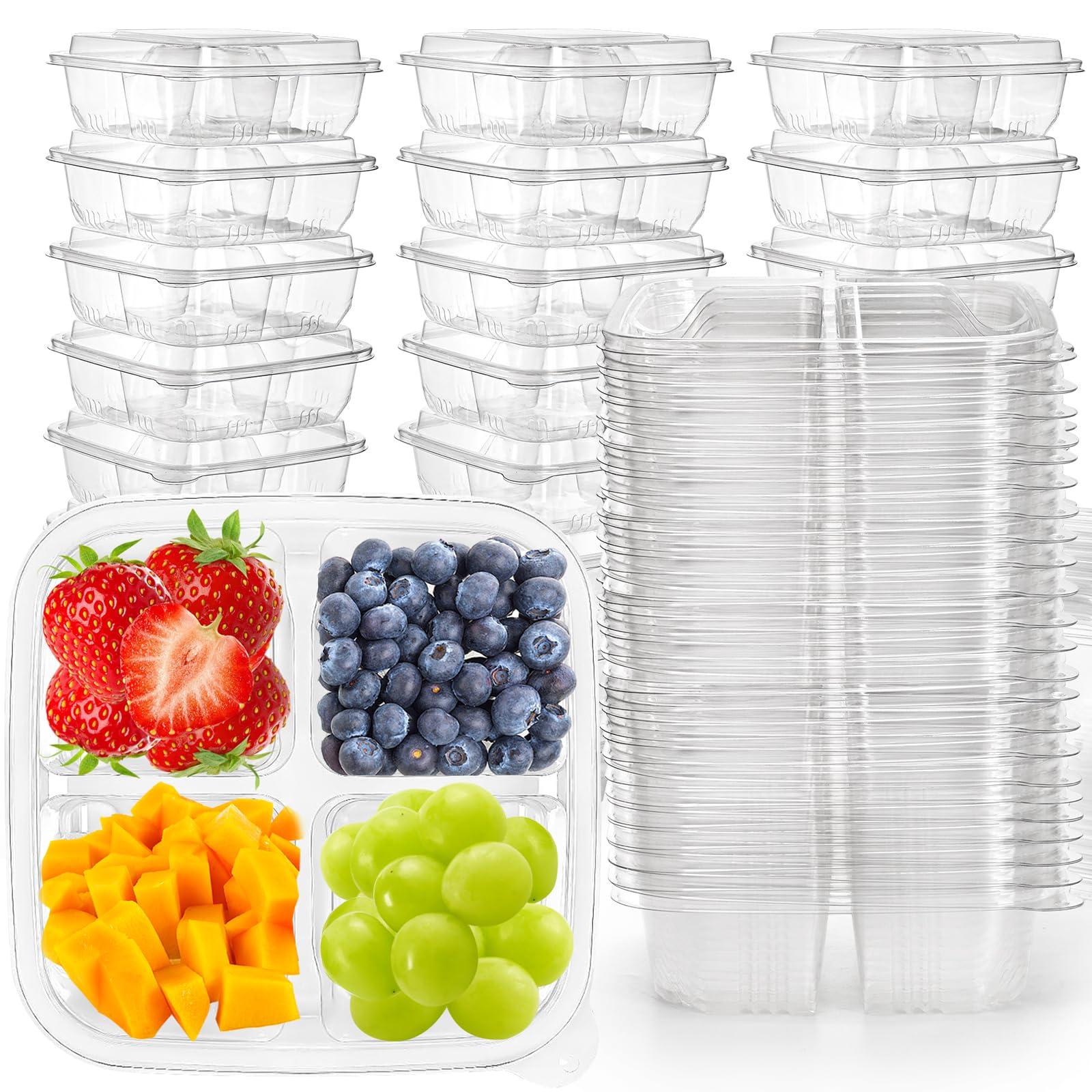 Photo 1 of Peohud 50 Pack Clear Bento Snack Containers, 4 Compartment Food Storage Containers, Reusable Meal Prep Containers, Plastic Divided Bento Boxes with Lids for Lunch, Work, Travel
