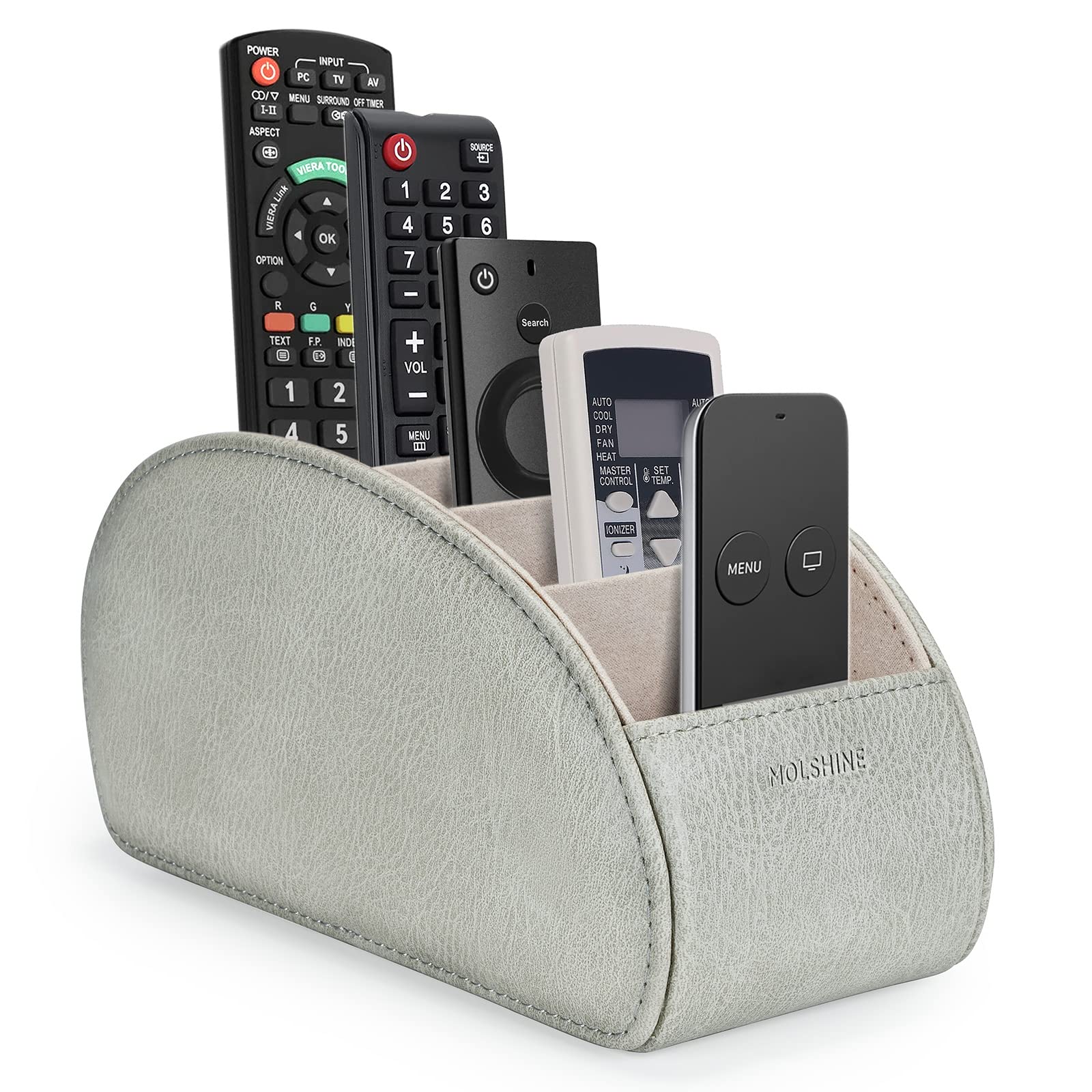 molshine Remote Control Holder with 5 Compartments,Pu Leather Office Organization Storage Caddy Box for Tv Remote,Heater Controllers,Media Player,Office Supplies,Makeup Brush (Light Grey)