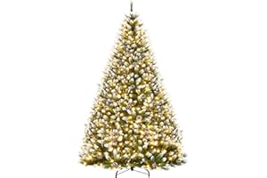 IDEALHOUSE 7.5 ft Christmas Tree, Christmas Decorations with 450 Lights, Pre-lit Artificial Christmas Tree with 1050 Snowy White PVC Branches, Flodable Metal Stand＆Easy Assembly