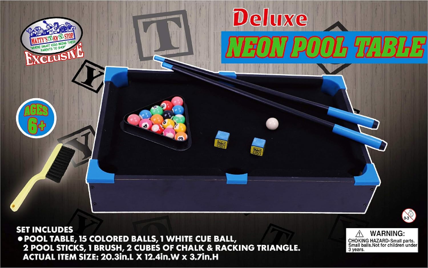 Matty's Toy Stop Deluxe Wooden 20" Mini Table Top NEON Pool (Billiards) Table with 15 Colored Balls, 1 Cue Ball, 1 Brush, 2 Pool Sticks, 2 Cubes of Chalk & Racking Triangle : Sports & Outdoors
