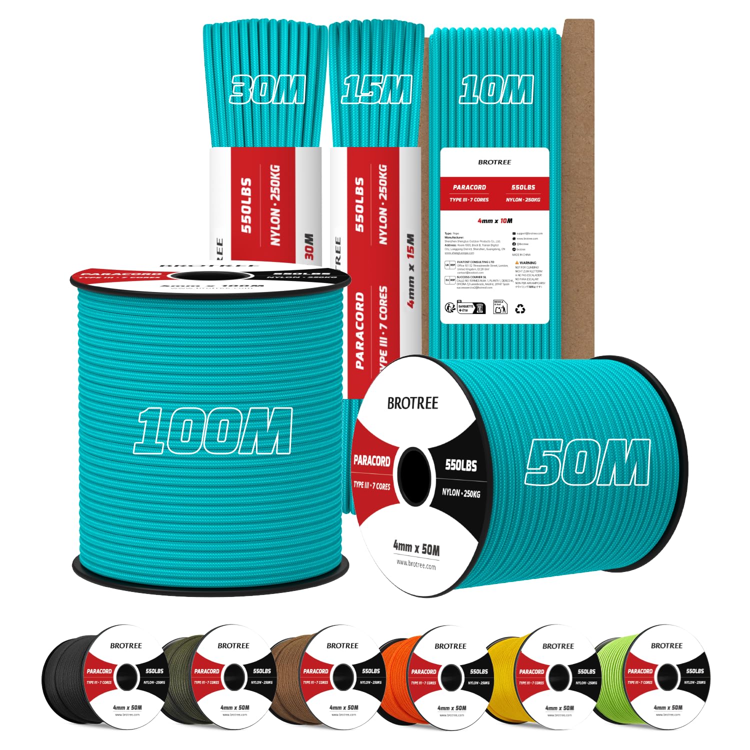 Brotree 4mm Paracord 550 15M 100% Nylon Rope 7 Strands Type III Parachute Cord for Outdoor and DIY - 250kg Breaking Load (Turquoise)