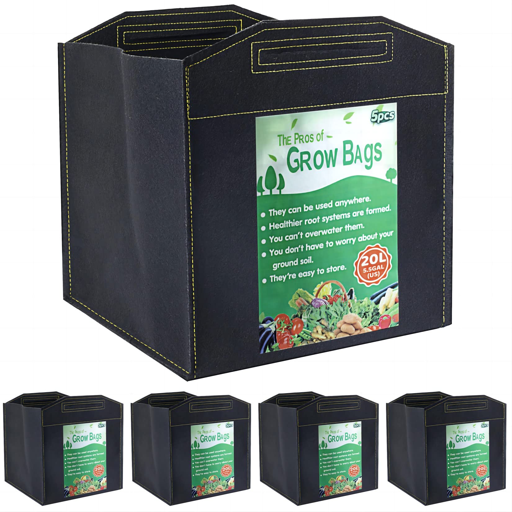 Growerz Square GrowPotz 20-Litre 5pcs High Strength Grow Bag