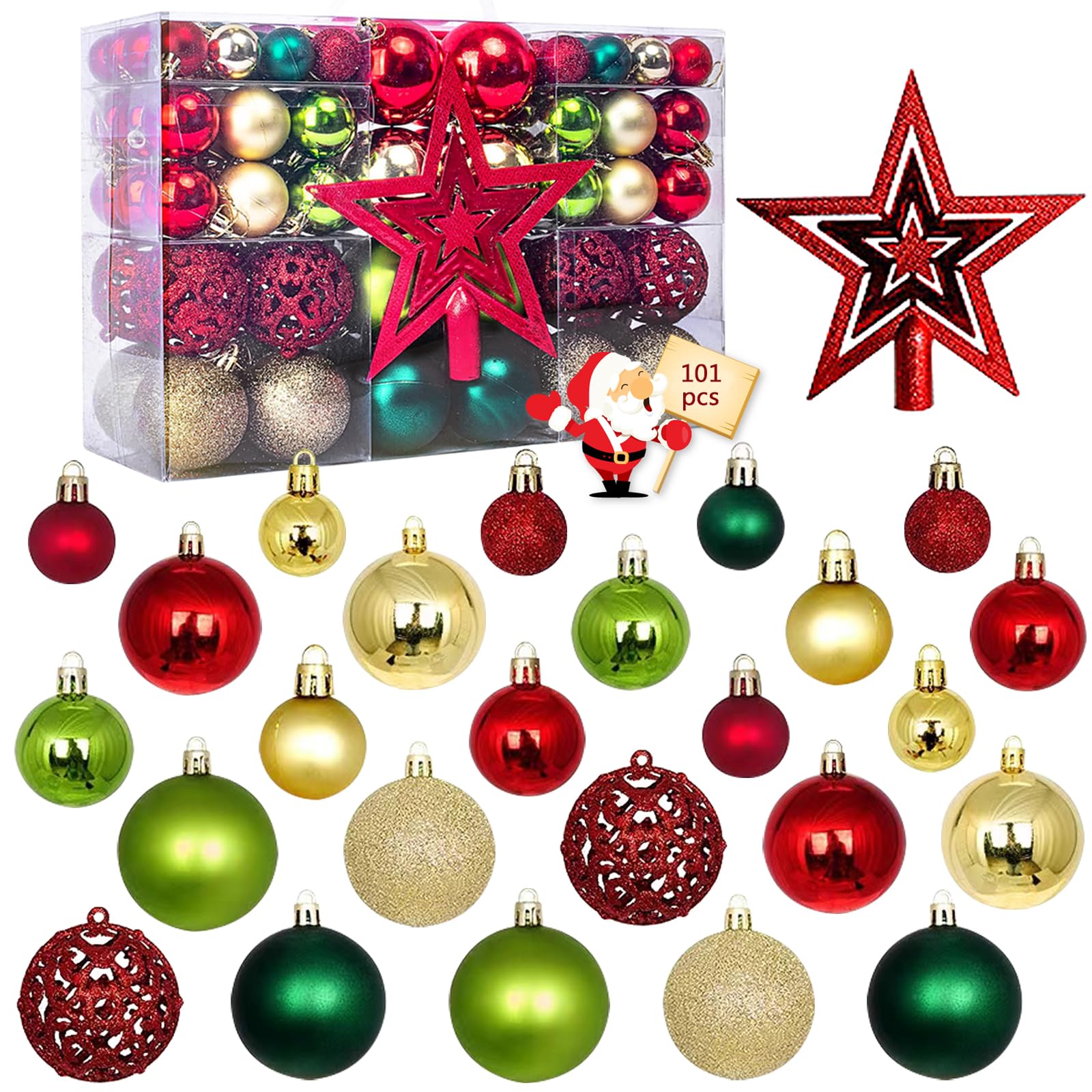 Photo 1 of 101 PCS Christmas Tree Ornaments Decoration Set, Red Golden Green Shatterproof Plastic Baubles Christmas Balls for Xmas Holiday Decorations