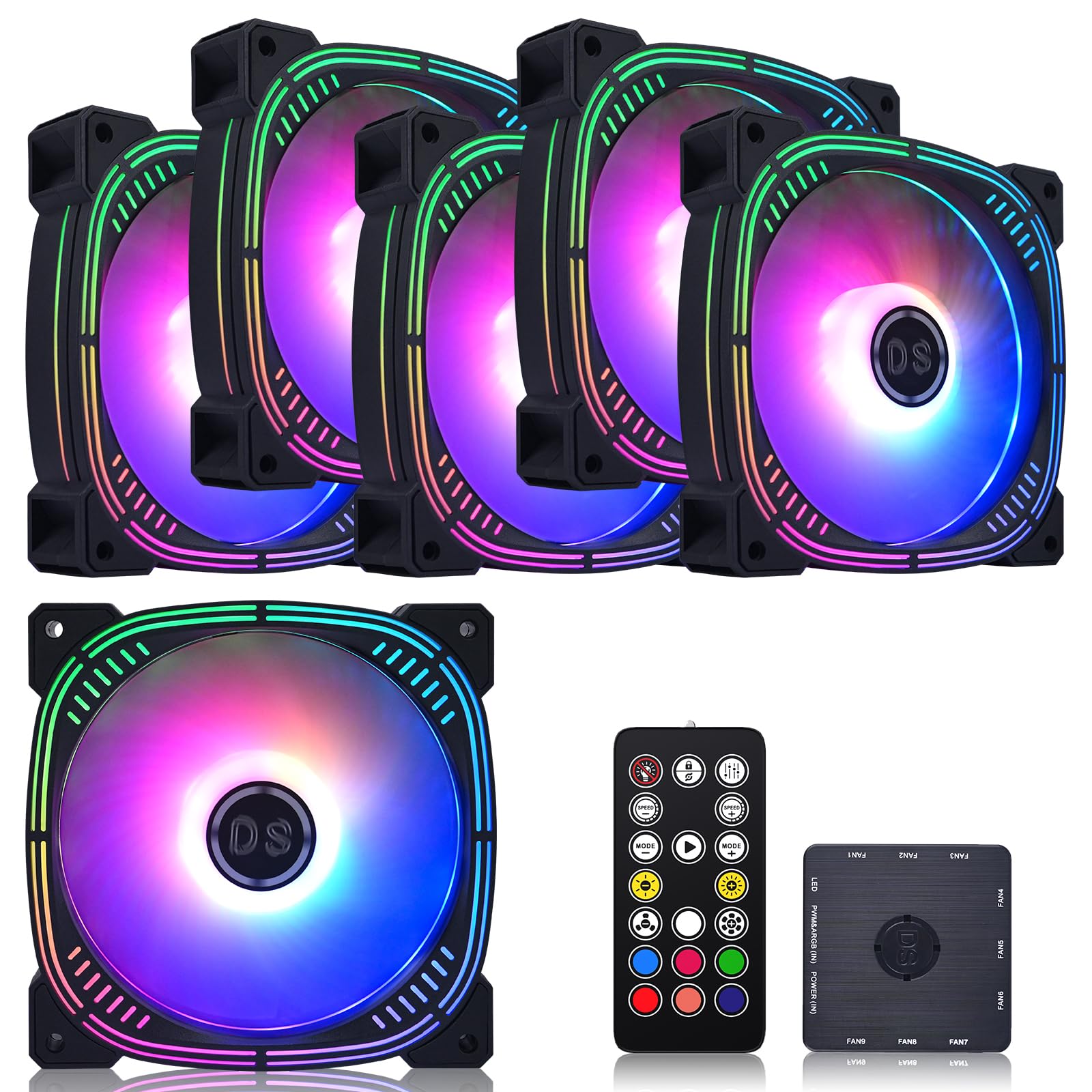 Rainbow LED RGB Fans with Controller for PC Case, CPU Cooler, Radiators System (6pcs RGB Fans, G Series)