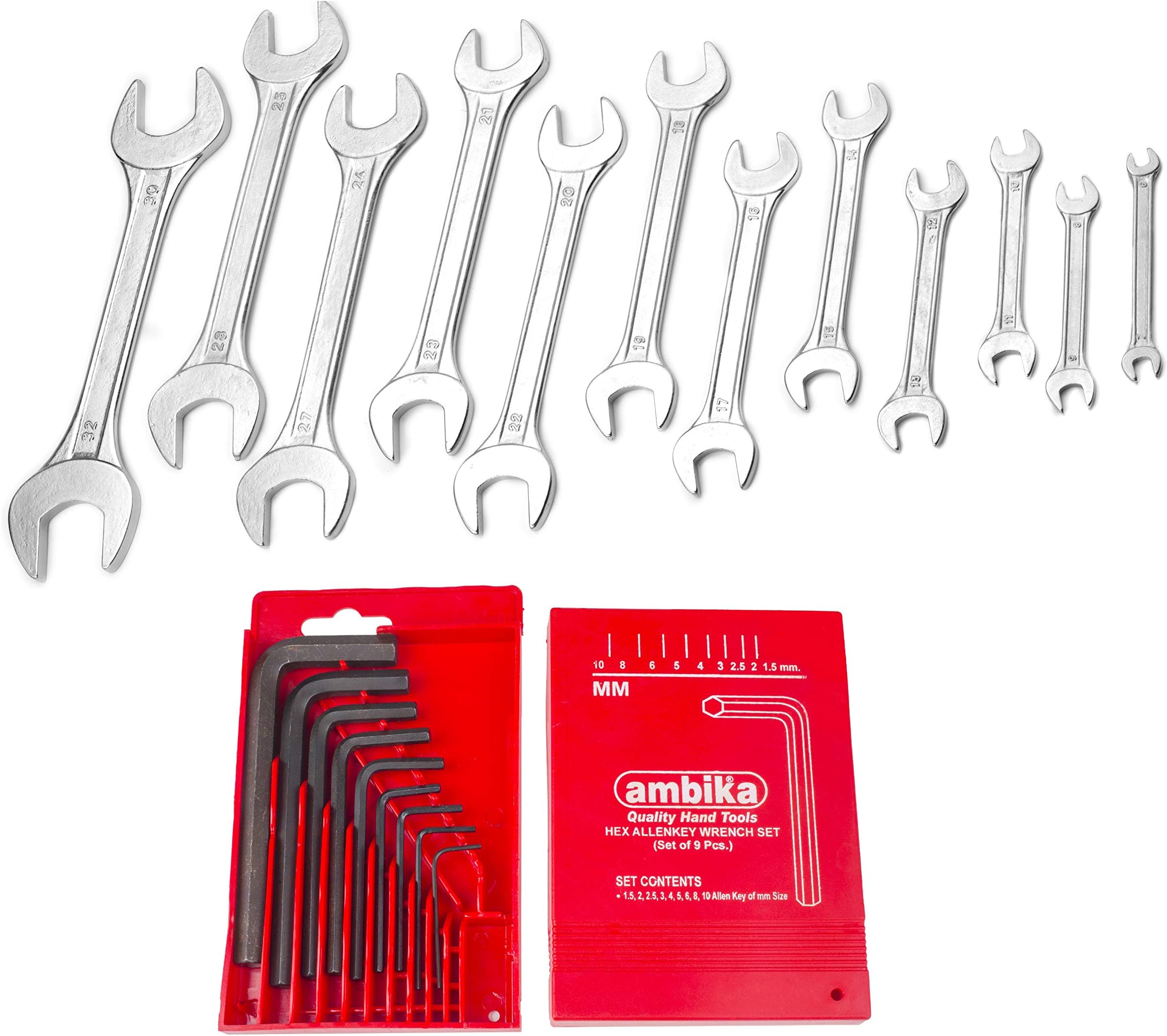 ACHRO Fix 921 Stainless Steel Tool Kit for Home/Garage/Car/Bike/Industry (12 Pcs Open Ended Spanners + 9 Pcs Allen Key Set) -Set of 21 Pieces Tool Kit Set