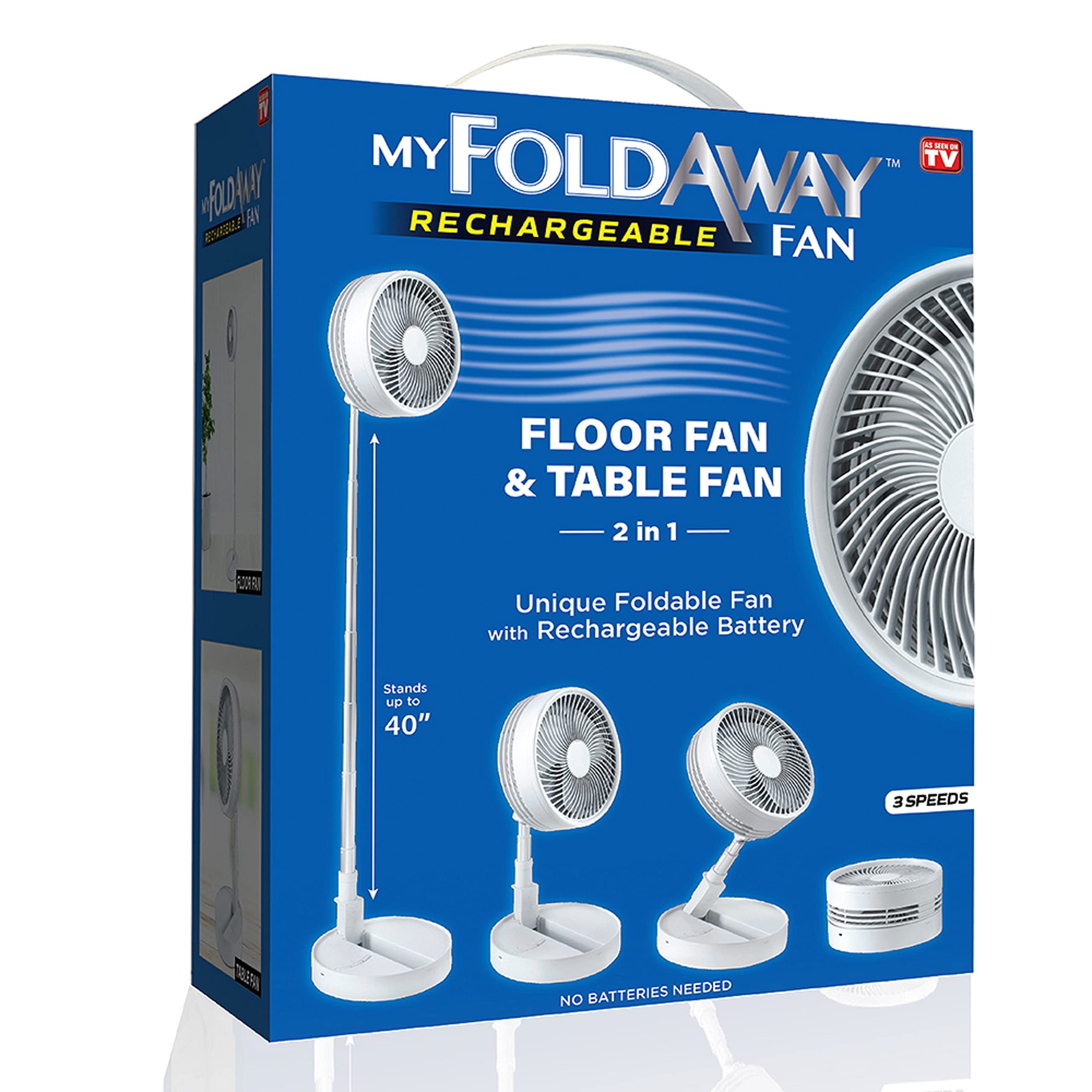 MyFoldaway Portable Fan for Travel, USB Rechargeable Cordless Portable Fans for Desk, Home, Camping, Sleeping, Lightweight Compact & Foldable Travel Fan, Pedestal Extends from 4-40”, Quiet, 3 Speeds