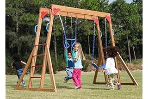 DOLPHIN PLAYGROUND T Dolphin Playground Wood Swing Sets for Backyard with Monkey Bar, Kids Outdoor Play Equipment, Outdoor Playset for Kids with Trapeze Swing Bar and 2 Belt Swings, Heavy Duty Playground Accessories