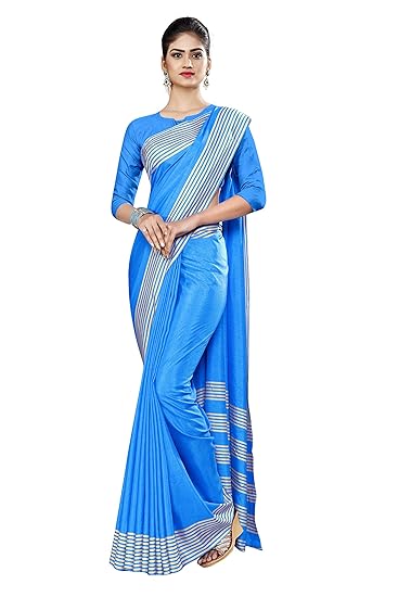Uniform Sarees Corp Womens Plain Border Polycotton Raw Silk Hotel Uniform Saree With Blouse (Sky Blue)