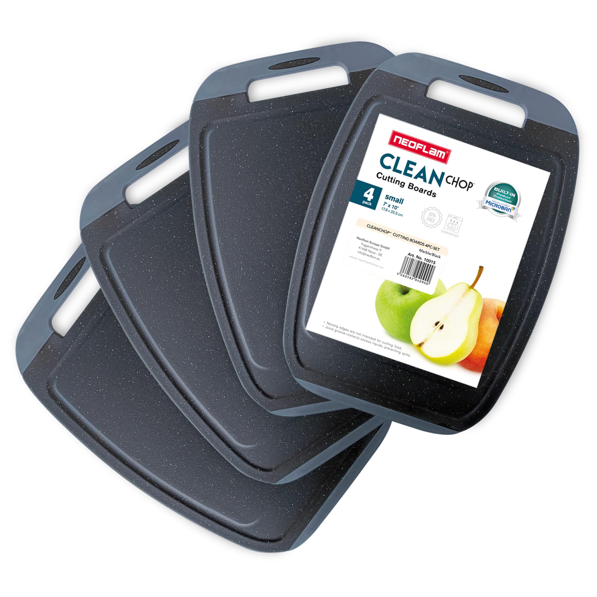 NEOFLAM Breakfast Boards, Dishwasher Safe, 25 x 17 cm, Set of 4, Plastic Chopping Board, Small, BPA-Free, Antibacterial & Non-Slip, Kitchen Board with Juice Groove and Handle, Marble Look, Black