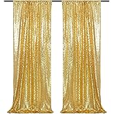 PartyDelight Gold Sequin Backdrop Curtains 2x8ft 2 Panels - High Density 3mm Shimmer Sequin Background Sparkly Photography Drapes for Wedding Anniversary Birthday Party & Event Decor