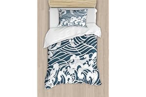 Ambesonne Japanese Wave Duvet Cover Set, Hand Drawn Traditional Style Aquatic Doodle River Storm Retro Abstract, Decorative 2 Piece Bedding Set with 1 Pillow Sham, Twin Size, Slate Blue White