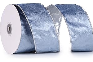 DINDOSAL Dusty Blue Velvet Ribbon Wired 2.5" x 10 Yards Blue Christmas Ribbon with Silver Backside, Blue and Silver Wired Ribbon for Christmas Tree, Wreaths, Topper Bows, Crafts, Gift Wrapping