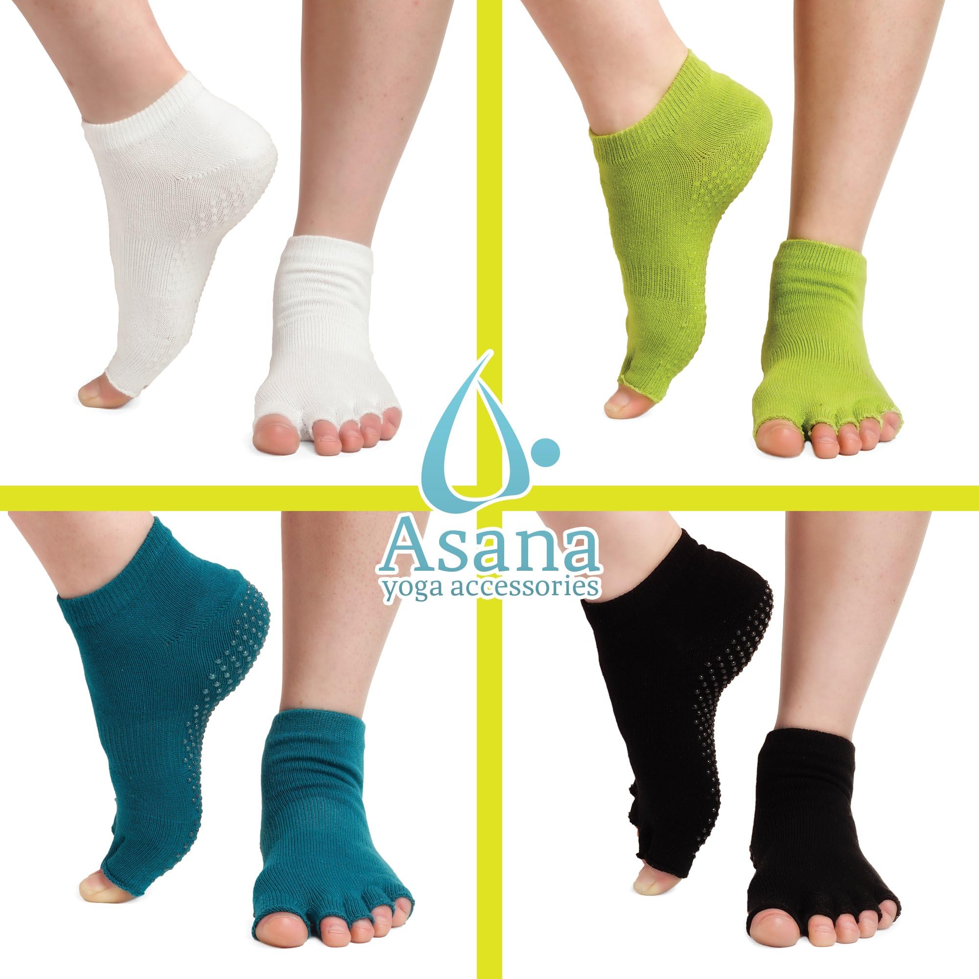 Asana - Yoga Toeless Socks - Pilates Barre Dance - Grip Non Slip Socks - Pack of 4(Black, Light Green, Ultramarine Green, White) - Premium Quality Cotton, Small/Medium