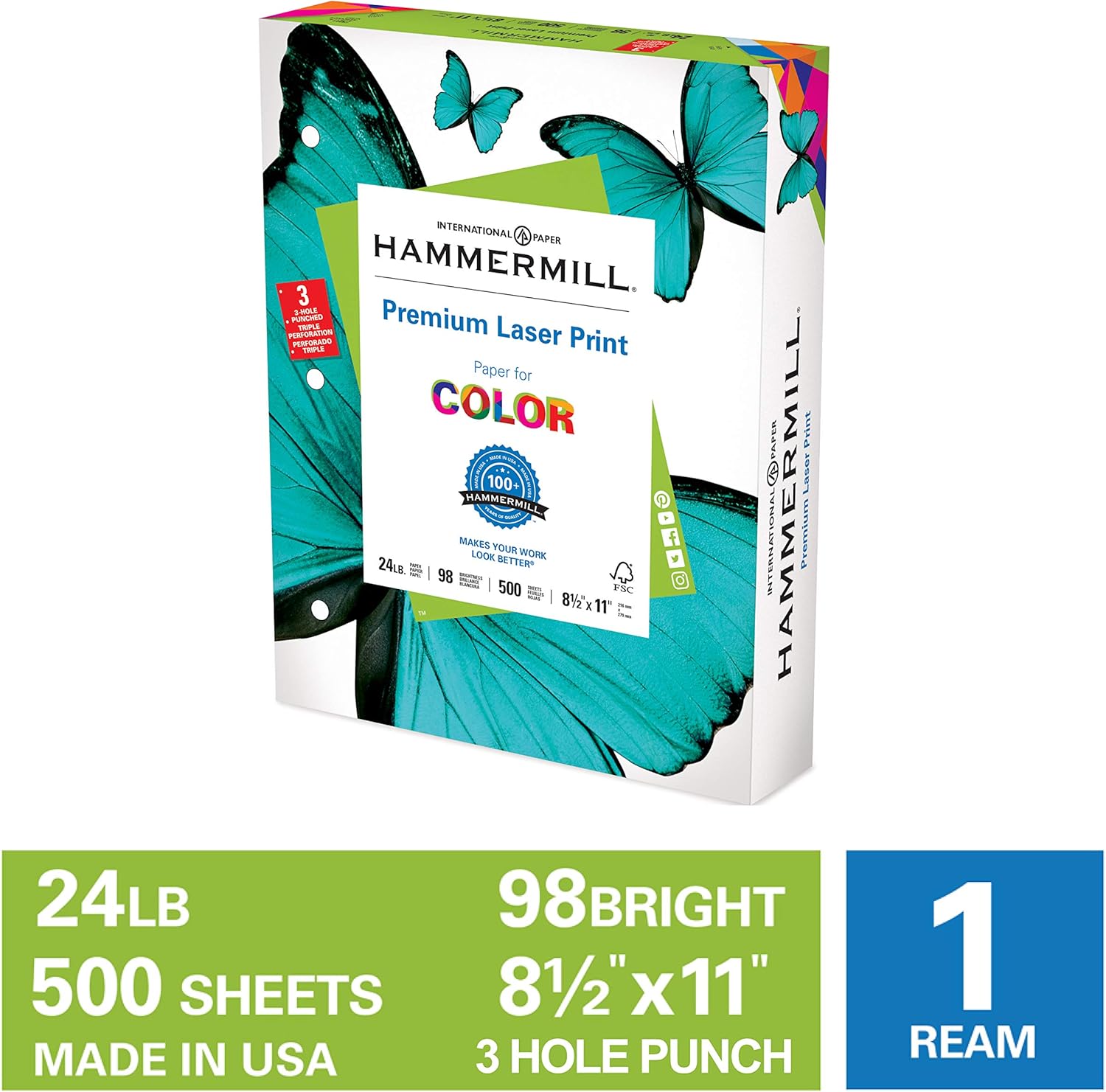 Hammermill Premium Laser Print 24lb 3HP, 8.5x 11 Copy Paper, 1 Ream, 500 Sheets, Made in USA, Sustainably Sourced From American Family Tree Farms, 98 Bright, Printer Paper, 107681R : Laser Printer Paper : Office Products