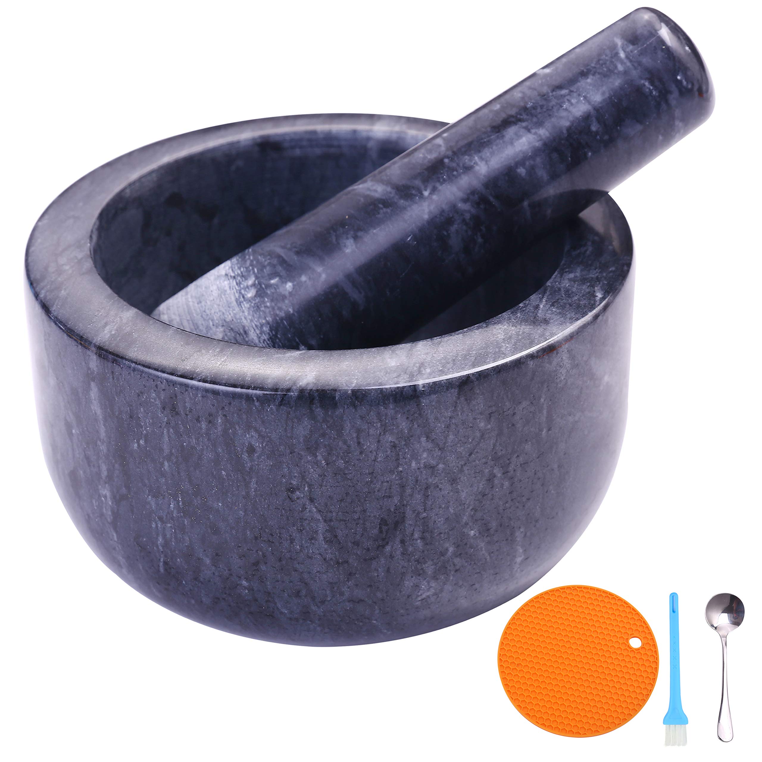 Aisiming Mortar and Pestle Set Polished Natural Marble Guacamole Molcajete Bowl, 5.5inch Stone Spice Grinder with Silicone Pad, Stainless Steel Spoon and Small brush, 400ml Capacity(Large, Dark Gray)