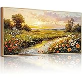 crmotu Large Landscape Wall Art, Flower Pictures Wall Decor, Framed Wall Art, Wetland Sunset Scenery Canvas Prints, Riverside Wildflowers Wall Paintings for Living Room Farmhouse Kitchen 20x40inch