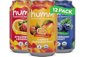 Humm Probiotic Kombucha The Original Variety 12 Pack, Organic, 2 Billion Probiotics for Gut Health, Mango Passionfruit, Blueberry Mint and Strawberry Lemonade