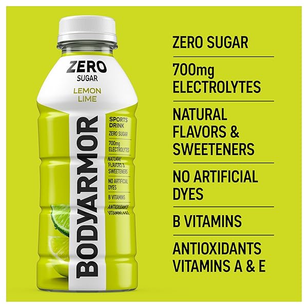 BODYARMOR ZERO SUGAR LEMON LIME ELECTROLYTE DRINK, NATURAL FLAVORS, 16 FL OZ BOTTLES (12 PACK), B VITAMINS & ANTIOXIDANTS SUGAR FREE HYDRATION