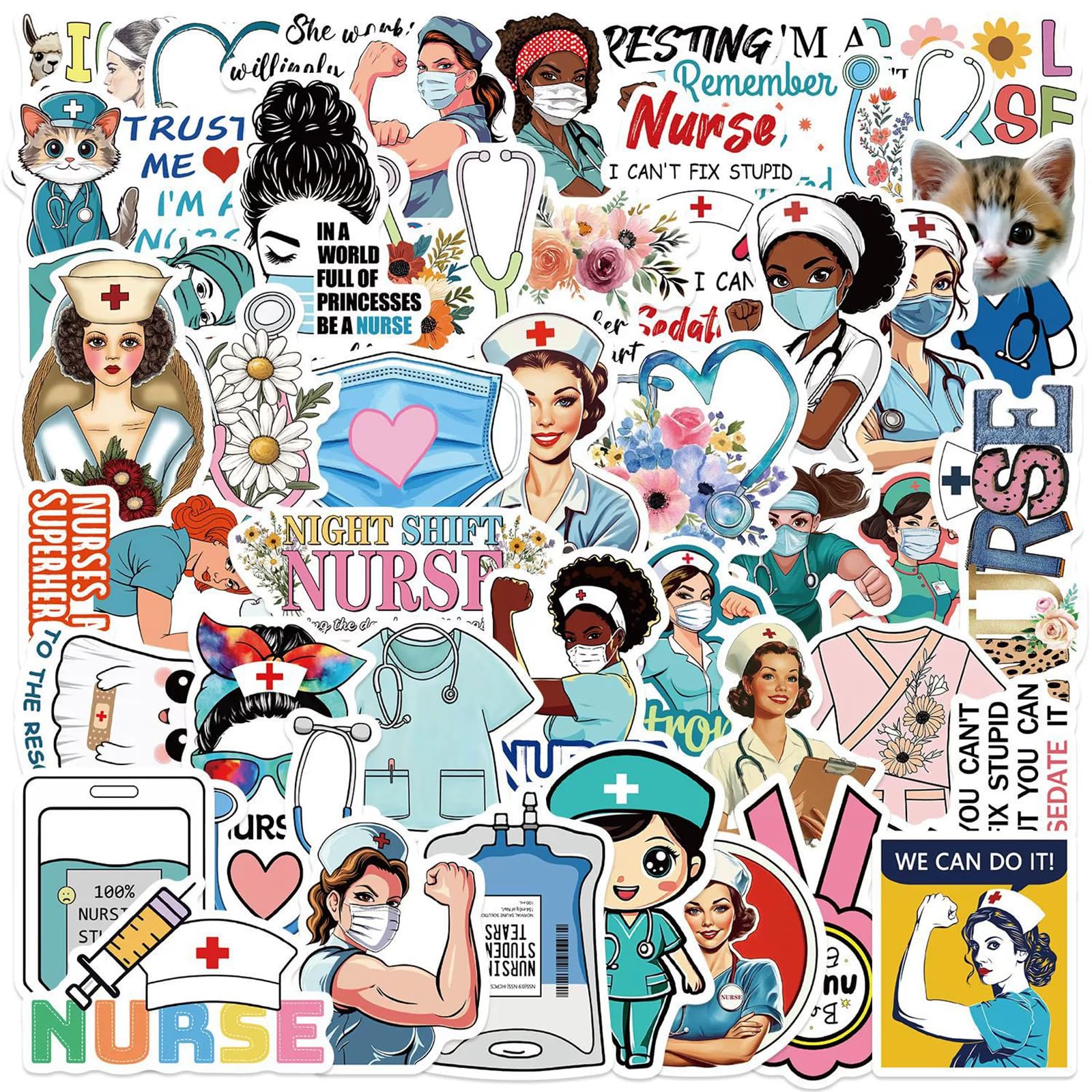 50PCS Nurse Stickers, Vinyl Waterproof Funny Nurse Decals for Laptop Notebook Water Bottles Nurses Week Appreciation Gifts Bulk Nursing School White Angels Accessories (Nurse Stickers)
