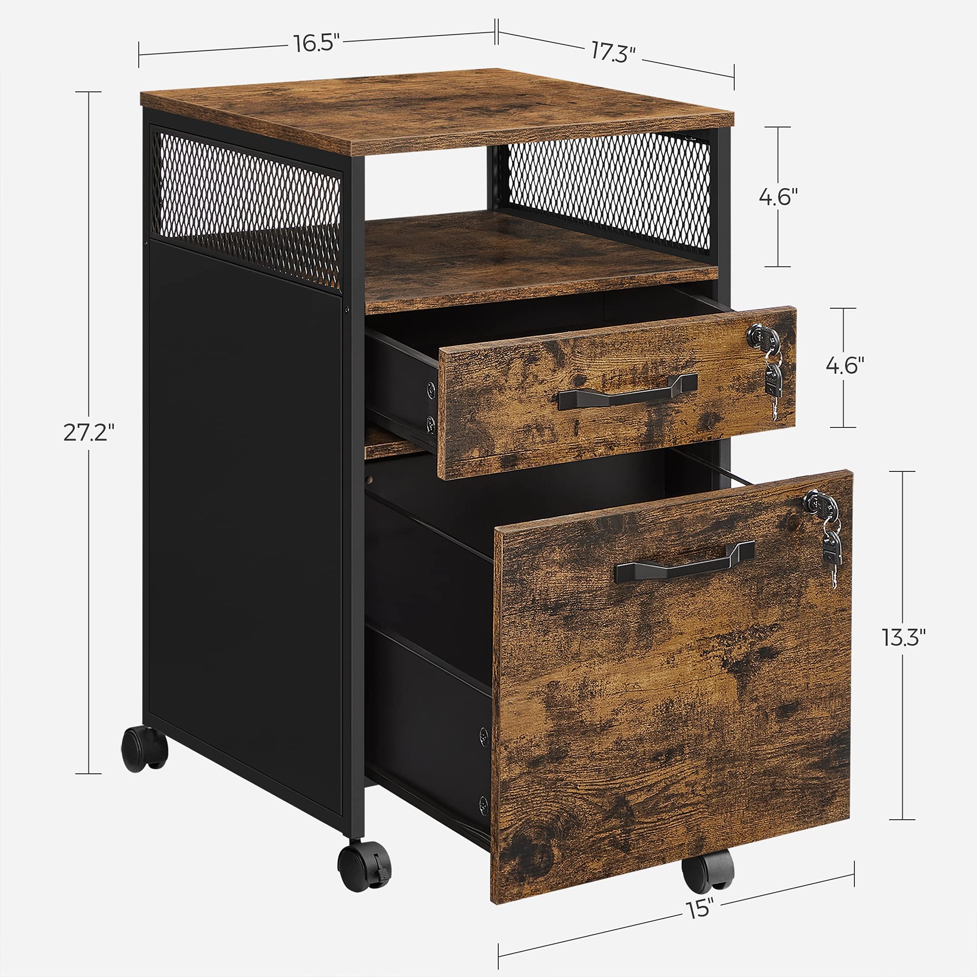 VASAGLE File Cabinet, Mobile Filing Cabinet on Wheels, for Home Office, 2 Lockable Drawers, for A4, Letter-Size Hanging File Folders, Open Shelf, Steel Frame, Rustic Brown and Ink Black UOFC077B01