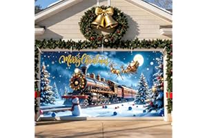 ACPOPBM 7 x 16Ft Christmas Garage Door Cover, Large Christmas Garage Door Decorations, Vintage Believe Train Santa Claus Hanging Outdoor Banner for Xmas Holiday Outdoor Wall Decor