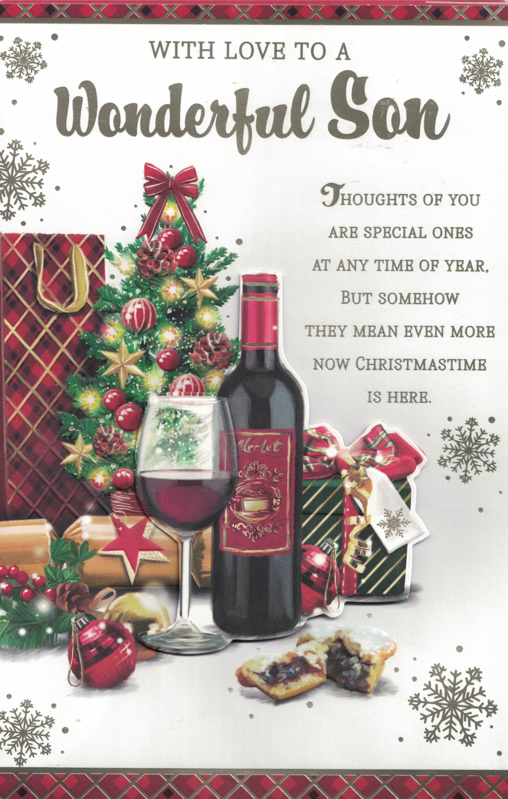 Extra Large Christmas Card to a Son, Traditional Xmas Tree and Red Wine Design, 8 Page Insert, 30.48 x 20.32 cm