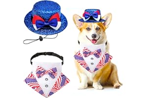 MIDUFRRY Dog Independence Day Costume 2Pcs Tux Bandana Shiny Pet Top Hat American Flag Dog Tuxedo Triangle Bibs 4th July Scarf Patriotic Holidays Outfit Dog Collar with Bow tie for Small Medium Large (Small)