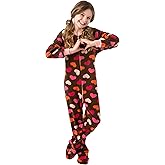 BIG FEET PAJAMA CO. Brown Pink Hearts One Piece Girls Youth Kids Footed Onesie Fleece Footie Pajamas