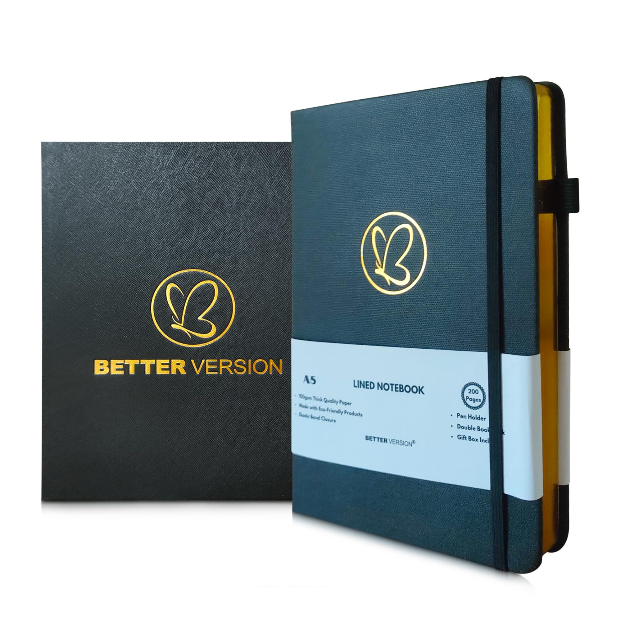 Better Version® A5 Lined Notebook with Gold Edges - Journal Notebook for Women and Men - 200 Pages with Gift Box - 100gsm Quality Paper - Linen Hardcover (Black)