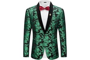 YND Men's Velvet Floral Blazer, One Button Tuxedo Jacket, Shawl Lapel Suit Coat for Dinner Prom Party Wedding