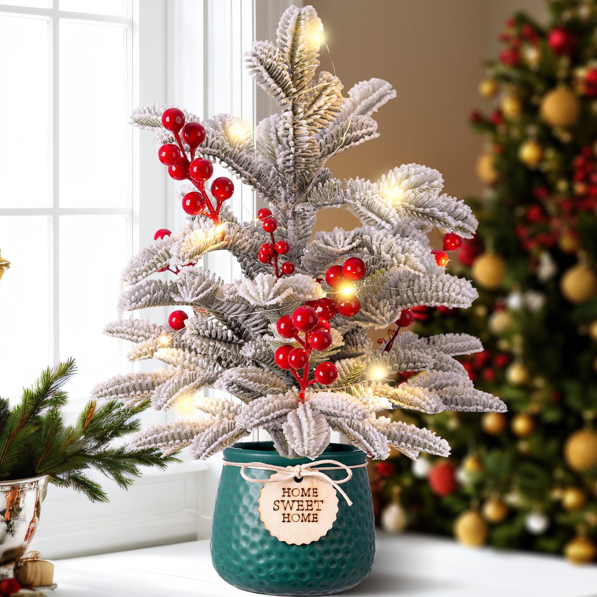 Photo 1 of Small Christmas Tree Artificial Mini Tabletop Christmas Tree for Xmas Decor, Pine Greenery with Snow Red Berry Holiday Ornaments Indoor, for Friends Family