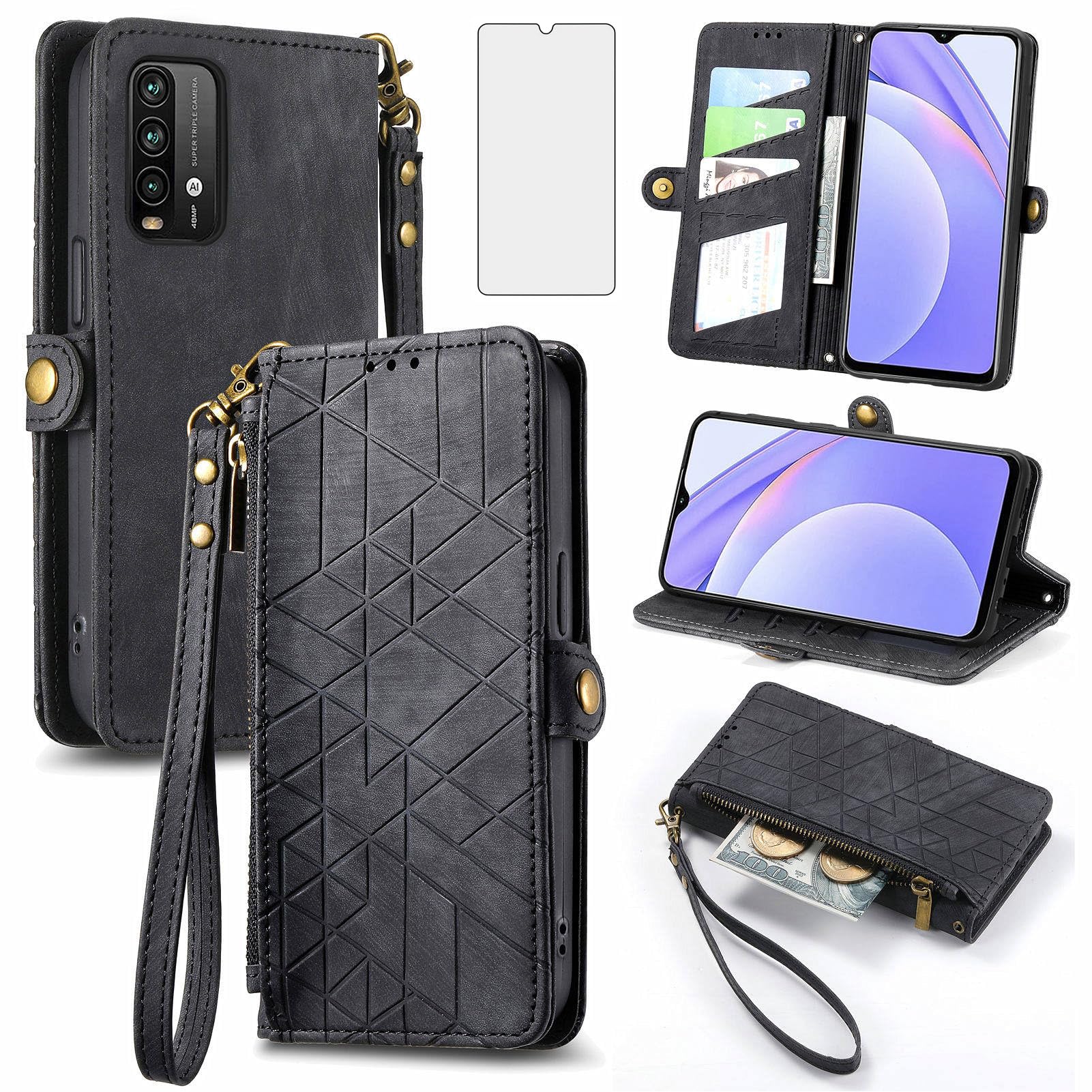 Asuwish Phone Case for Xiaomi Redmi Note 9 / Redmi 10X 4G Wallet Cover with Tempered Glass Screen Protector and Flip Zipper Credit Card Holder Stand Cell Accessories Redme Note9/X10 Women Men Black