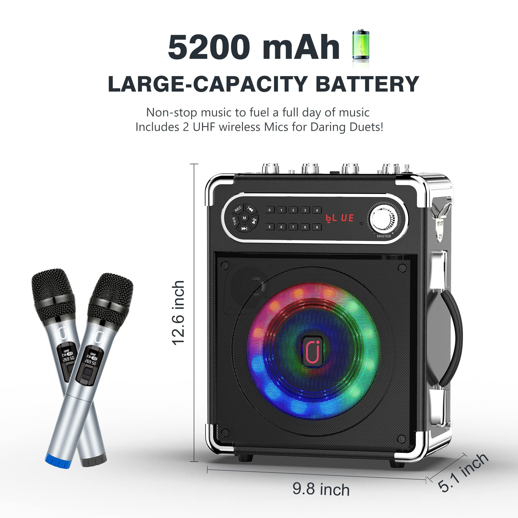 JYX Karaoke Machine with 2 Wireless Microphones, Bluetooth Speaker PA System for Adults and Kids with LED Light, 5200mAh Battery, Supports TWS/REC/FM/AUX in/USB/TF for Christmas Party, Wedding