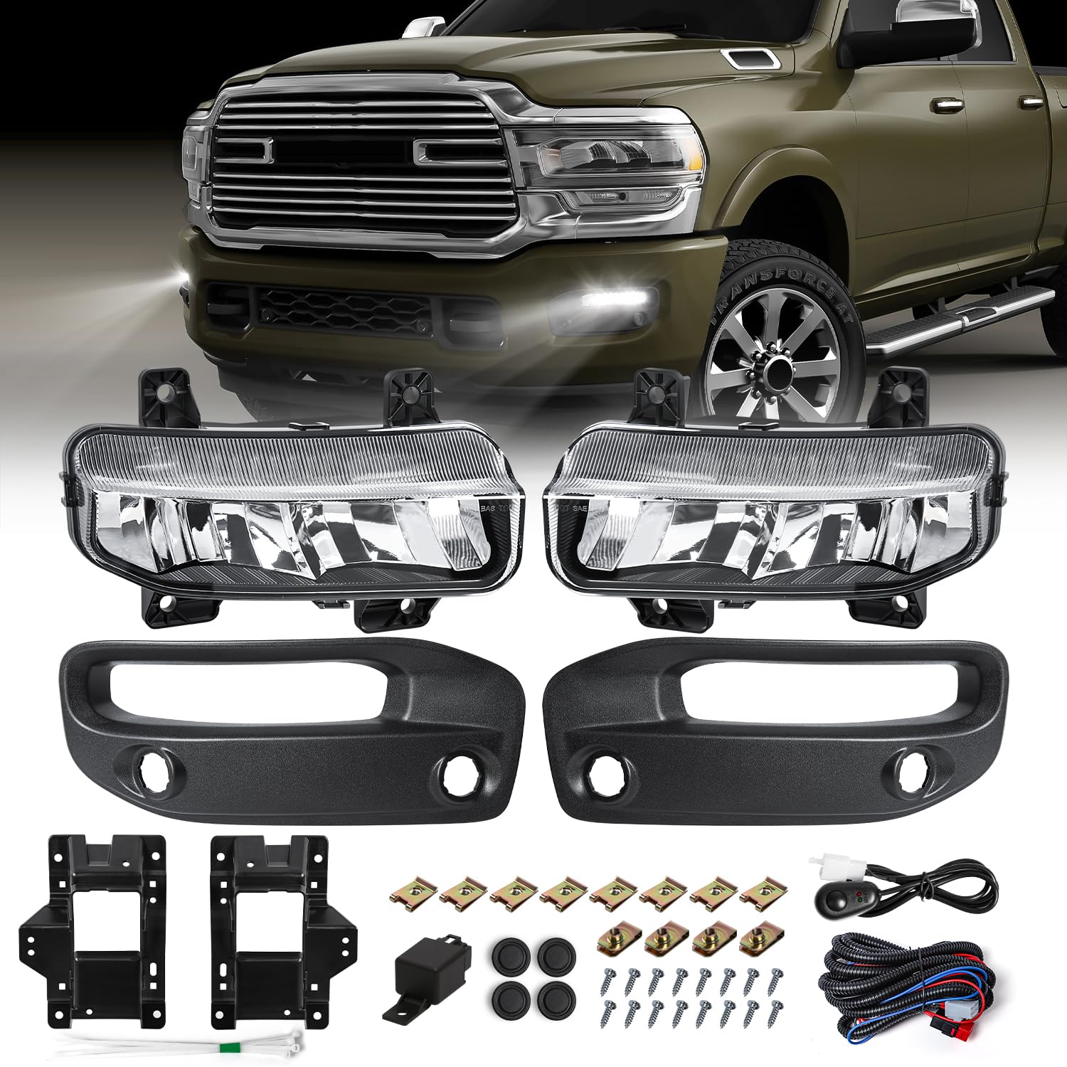 Photo 1 of FICOLPOLed Fog Lights Assembly for 2019 2020 2021 2022 2023 2024 Dodge Ram 2500 3500 Pickup - Bumper Driving Fog Lamps OEM Replacement with Bracket, Bezels, Switch, Harness (White)