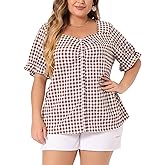 Agnes Orinda Women's Plus Size Gingham Tops 1950s Sweetheart Neck Flounce Sleeve Summer Blouse Top