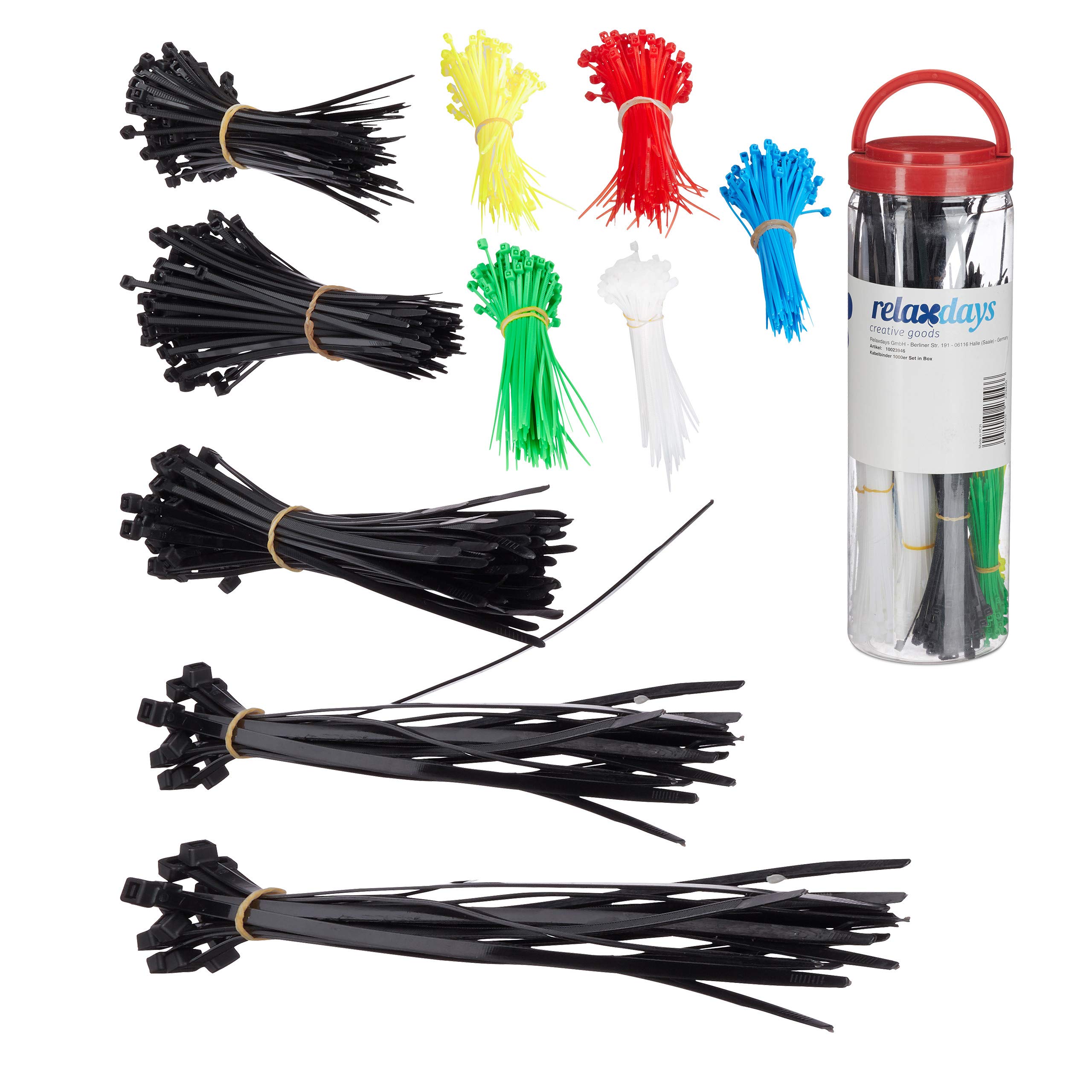 Relaxdays Set of 1000 Cable Ties, Practical Box, Long, Bundles, Colourful, Polypropylene, In Bunten Farben, 100/150/200/250/300 mm