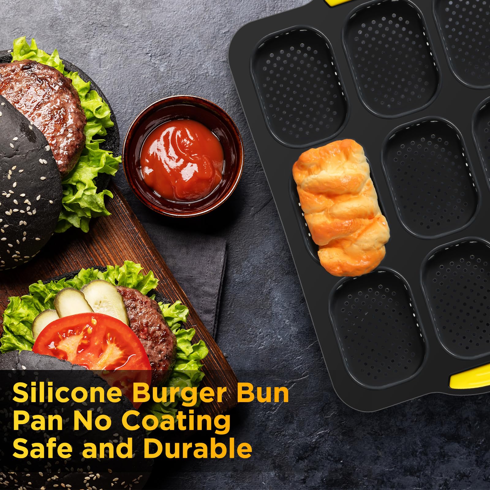 FillTouch Set of 5 Silicone Hamburger Bun Mold 4 6 9 Cup Hamburger Bun Pan with Spatula Brush Nonstick Pans for Baking Homemade Bread Loaf Sandwich Baking Tray, Fridge Dishwasher Microwave Safe