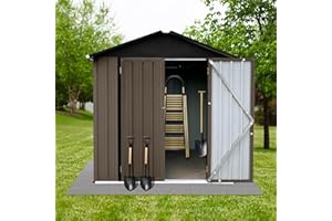 YOPTO 4 x 6 Feet Outdoor Storage Shed, Double Doors with Latch, Weatherproof Metal Garden Tool Shed for Backyard Patio, Shutter Vents and Pitched Waterproof Roof, Brown + Black