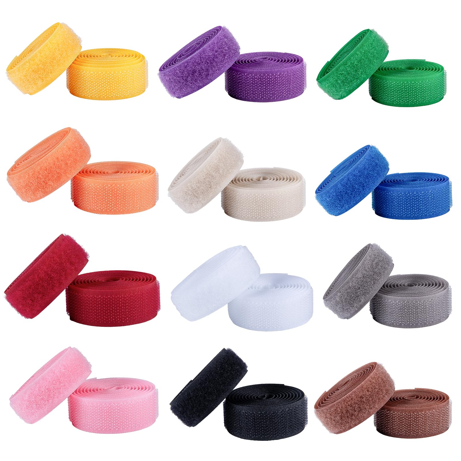 IHKFILAN Sew On Hook and Loop Tape Fastening Nylon Fabric Tape for DIY Craft Interlocking Tape Sewing Fasteners (20 mm in Width, 1 Yard Hook + 1 Yard Loop), 12 Colors 24 Yards