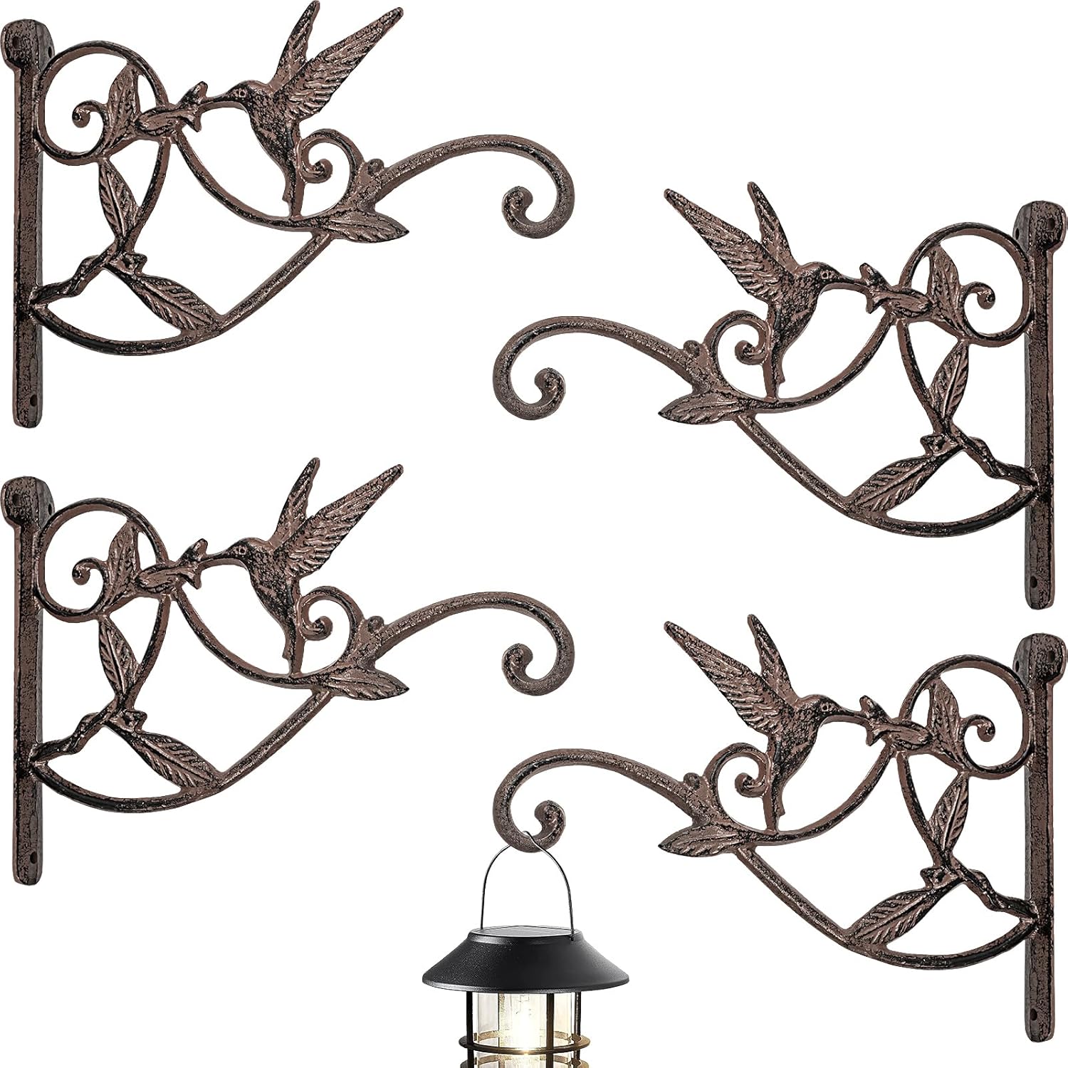 Outdoor Hanging Brackets - amzealot 4 Pack Plant Hanger Bracket Outdoor, Hanging Plant Bracket Heavy Duty, Garden Planter Hooks Decorative for Flower Basket, Hummingbird Feeder, Lanterns, Wind Chime, Cast Iron