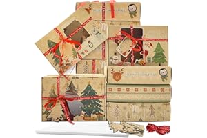 LOVINLAND 12 Packs Brown Christmas Cookie Boxes with Window for Gift Giving, Cute Cartoon Christmas tree/snow man/penguin Pattern Holiday Bakery Treat Boxes, Baking Box Xmas Kraft Boxes with Ribbons and DIY Gift Tags, Pastry, Candy, Party Favors